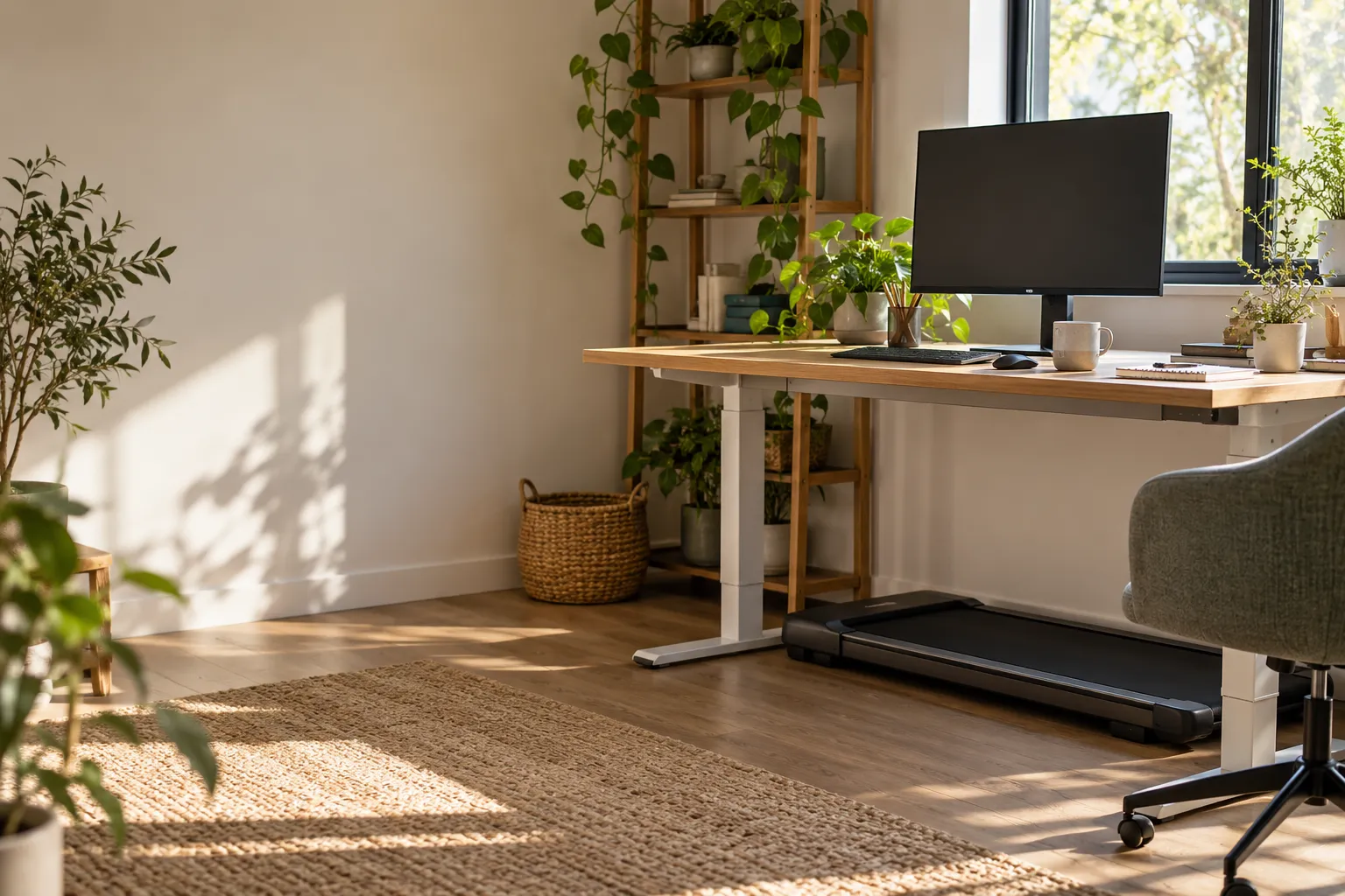 Poste de travail illustratif avec bureau réglable et tapis de marche