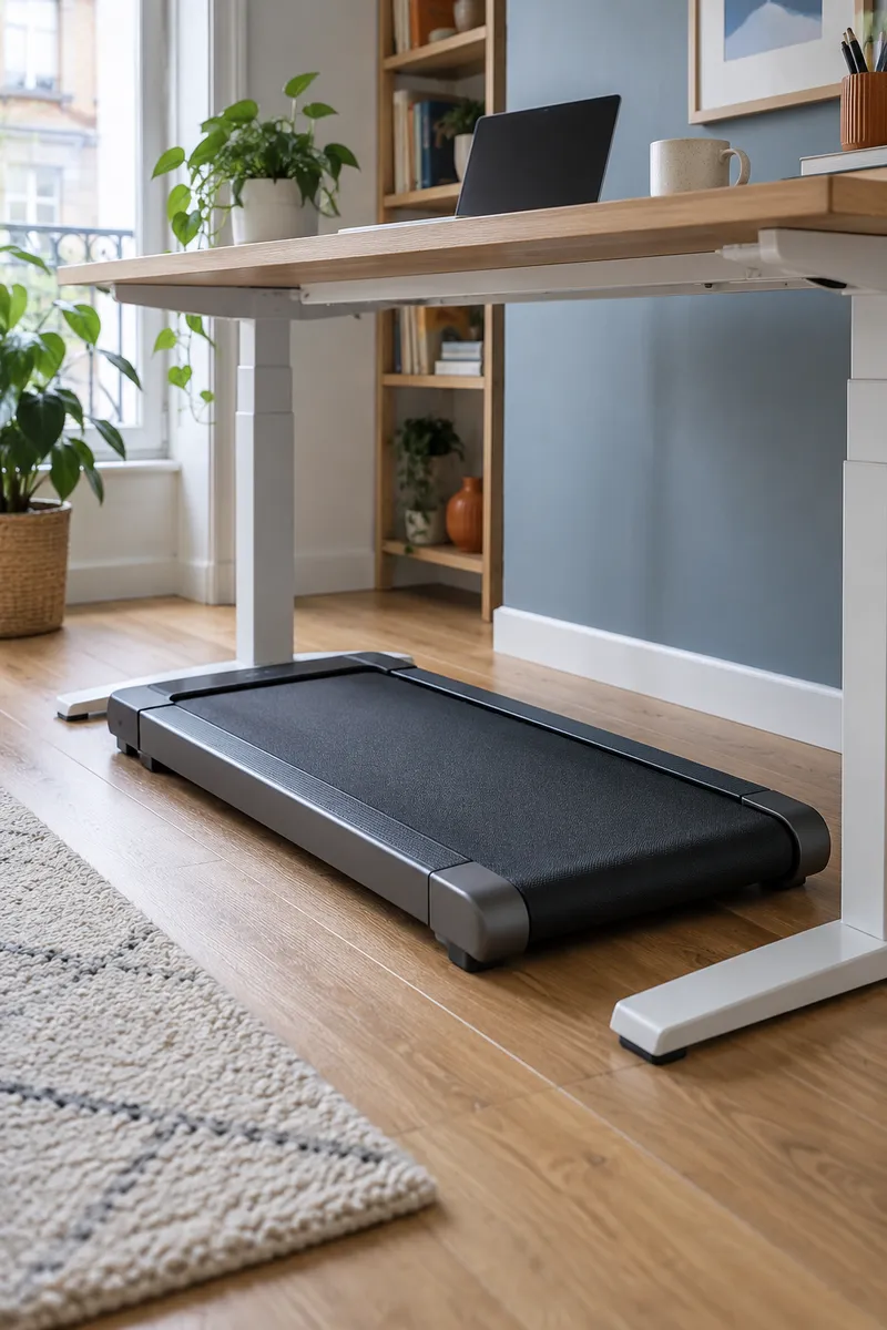 Tapis de marche illustratif placé sous un bureau